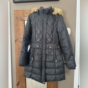 Jones New York Dark Grey/Black Puffer Coat with Detachable Faux Fur Hood
